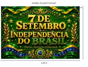 Detalhe do letreiro “7 de Setembro – Independência do Brasil” em alto relevo com arabescos ornamentais e estrelas douradas.