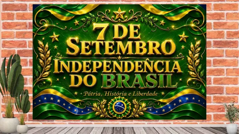 Visão completa do painel 7 de Setembro com fundo verde intenso, letras douradas tridimensionais e detalhes em verde, amarelo e azul.
