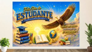 Painel Asas para Sonhar em tons dourados com sol radiante, águia e grandes asas centrais para fotos