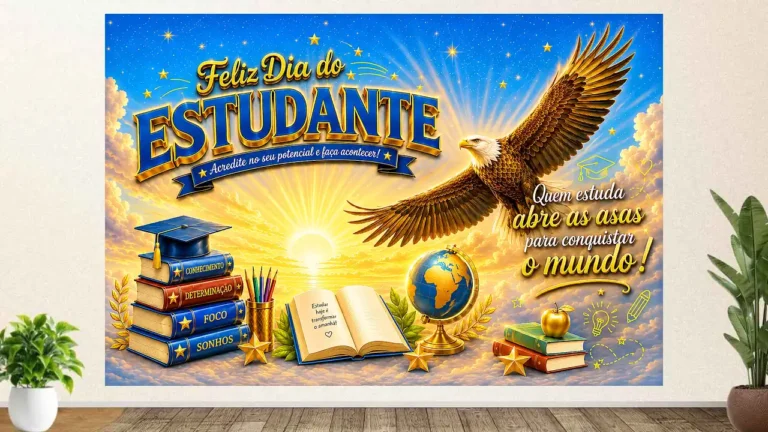 Painel Asas para Sonhar em tons dourados com sol radiante, águia e grandes asas centrais para fotos