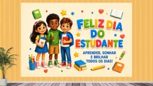 Painel com trio de estudantes sorridentes, letreiro 'Feliz Dia do Estudante' e frase 'Aprender, sonhar e brilhar todos os dias!'