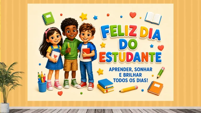 Painel com trio de estudantes sorridentes, letreiro 'Feliz Dia do Estudante' e frase 'Aprender, sonhar e brilhar todos os dias!'