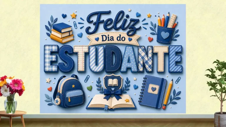 Imagem de referência completa do painel em tons de azul com letreiro 'Feliz Dia do Estudante' e ilustrações de livros e material escolar