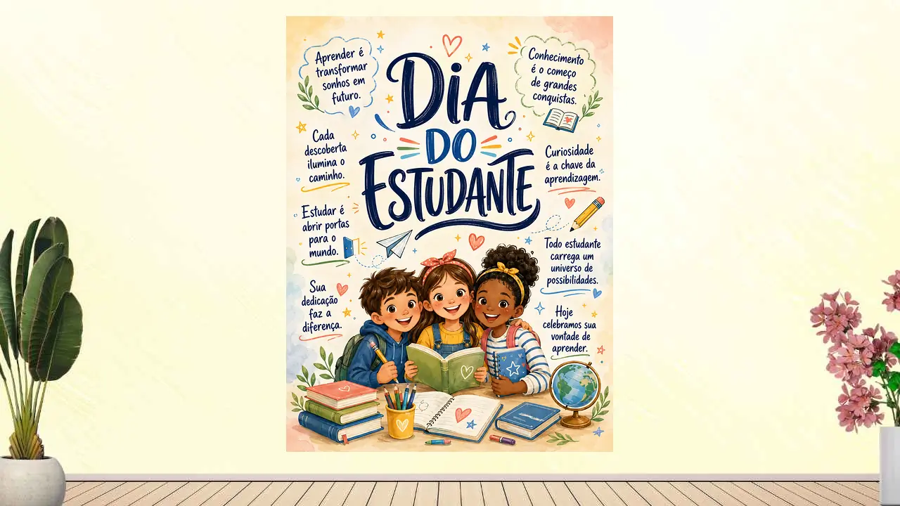 Imagem de referência do Painel Dia do Estudante com ilustrações de estudantes e frases motivacionais