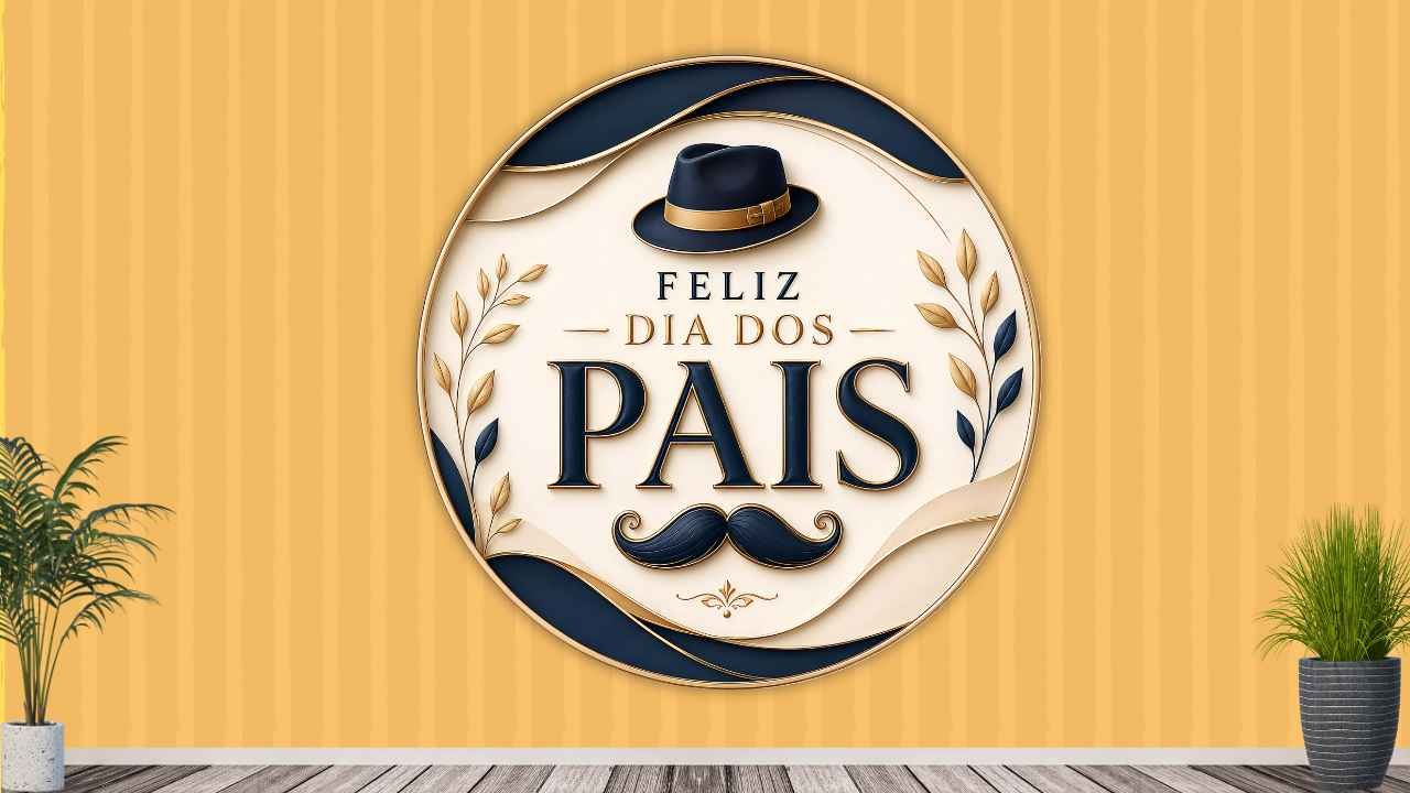 painel redondo dia dos pais pronto para imprimir com (chapéu e bigode) com folhagens discretas e acabamento em azul-marinho, bege e dourado, que criam contraste, profundidade e uma presença sofisticada
