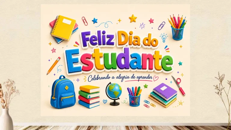 Painel com letras grandes coloridas 'Feliz Dia do Estudante' e ilustrações de mochila, livros, globo, cadernos e lápis