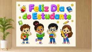 Painel com quatro crianças, mochilas, livros e lápis e letras coloridas anunciando Feliz Dia do Estudante