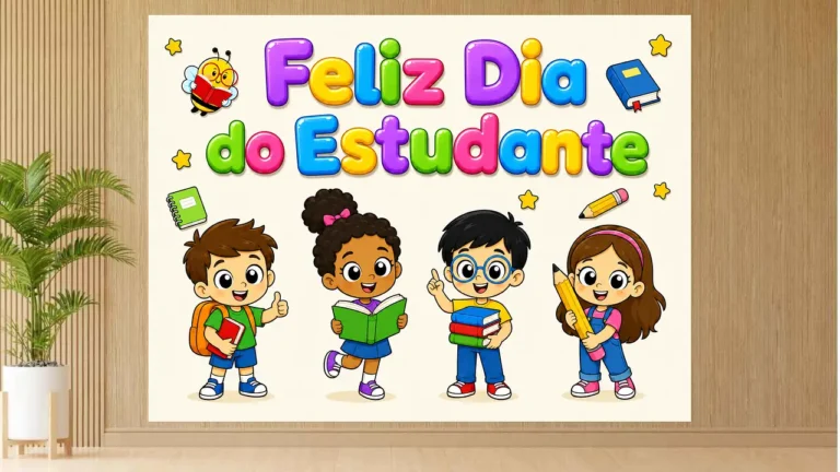 Painel com quatro crianças, mochilas, livros e lápis e letras coloridas anunciando Feliz Dia do Estudante