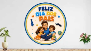 Painel com papai sentado abraçado por um menino e uma menina, letreiro colorido em alto-relevo