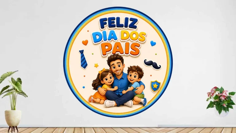 Painel com papai sentado abraçado por um menino e uma menina, letreiro colorido em alto-relevo