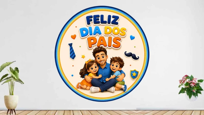 Painel com papai sentado abraçado por um menino e uma menina, letreiro colorido em alto-relevo