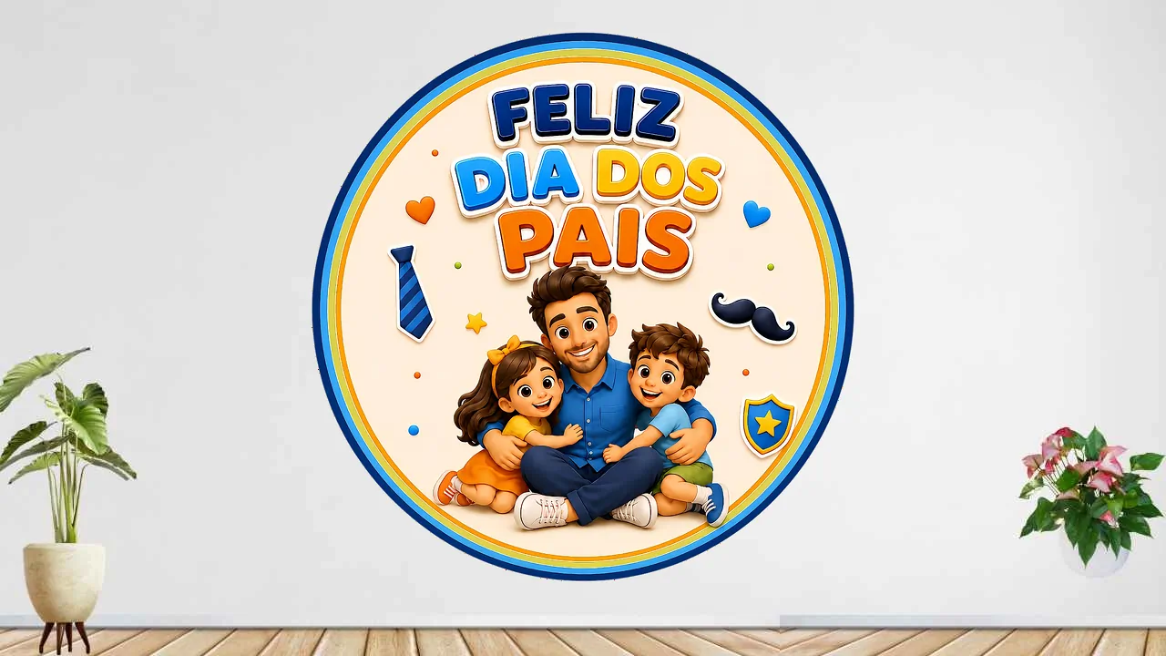 Painel com papai sentado abraçado por um menino e uma menina, letreiro colorido em alto-relevo