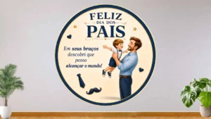 Ilustração do pai levantando o filho com a frase 'Em seus braços descobri que posso alcançar o mundo' em azul-marinho e dourado sobre fundo claro
