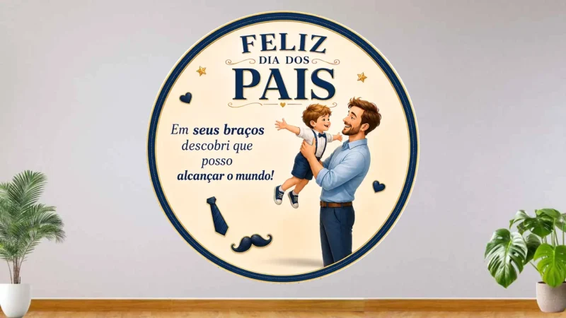 Ilustração do pai levantando o filho com a frase 'Em seus braços descobri que posso alcançar o mundo' em azul-marinho e dourado sobre fundo claro