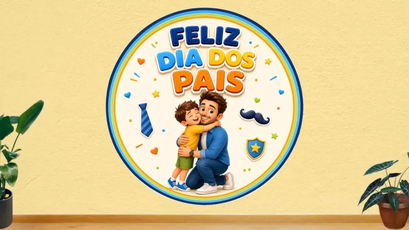 Painel redondo Dia dos Pais com pai e filho em abraço, cores vibrantes e letreiro tridimensional