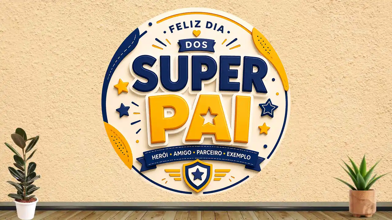 Painel redondo com a frase Super Pai em letras grandes nas cores azul e amarelo, com estrelas e escudo.