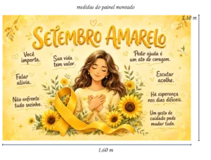 Composição em tons claros de amarelo e dourado com frases como “Você importa” e “Pedir ajuda é um ato de coragem”