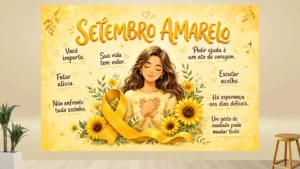 Mulher com expressão serena cercada por girassóis, folhas e laço amarelo com mensagens de apoio ao redor