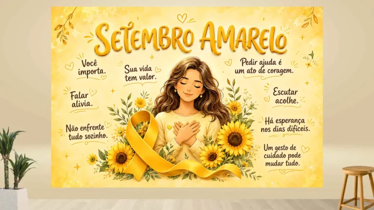 Mulher com expressão serena cercada por girassóis, folhas e laço amarelo com mensagens de apoio ao redor