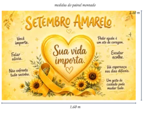 Detalhe de girassóis e folhagens com laço amarelo e pequenas mensagens de acolhimento nas laterais