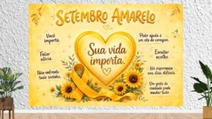 Painel com grande coração central e frase 'Sua vida importa', laço amarelo e girassóis na parte inferior