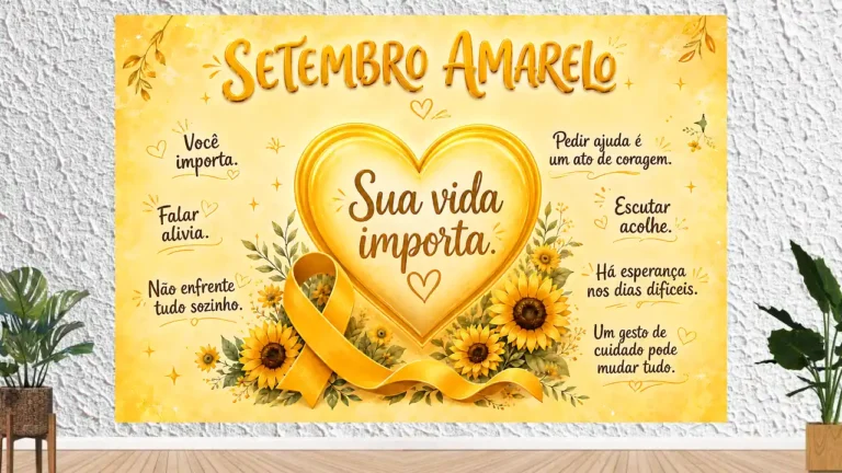 Painel com grande coração central e frase 'Sua vida importa', laço amarelo e girassóis na parte inferior